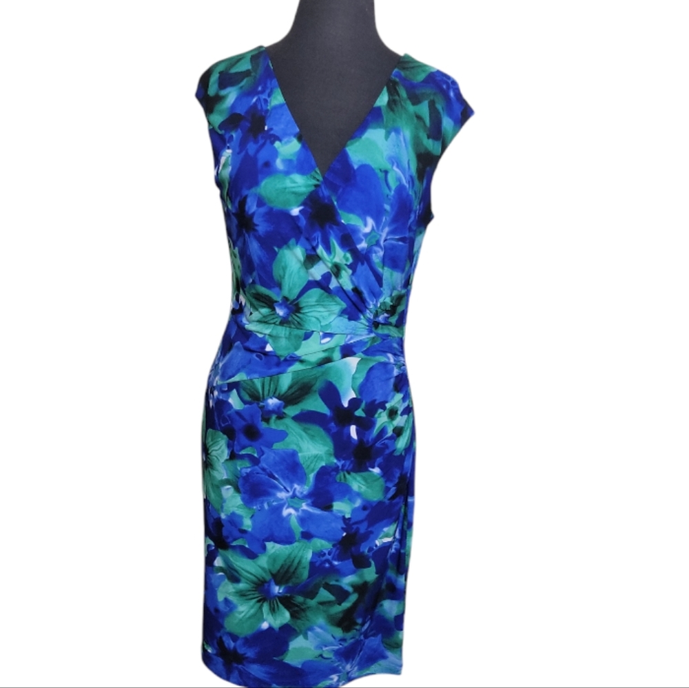 American Living floral faux wrap sheath dress size 6 blue green cap sleeve